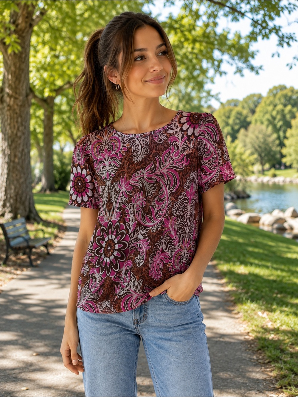 Anthropologie Pink Floral Paisley Boho Metallic Short Sleeve Top XSmall